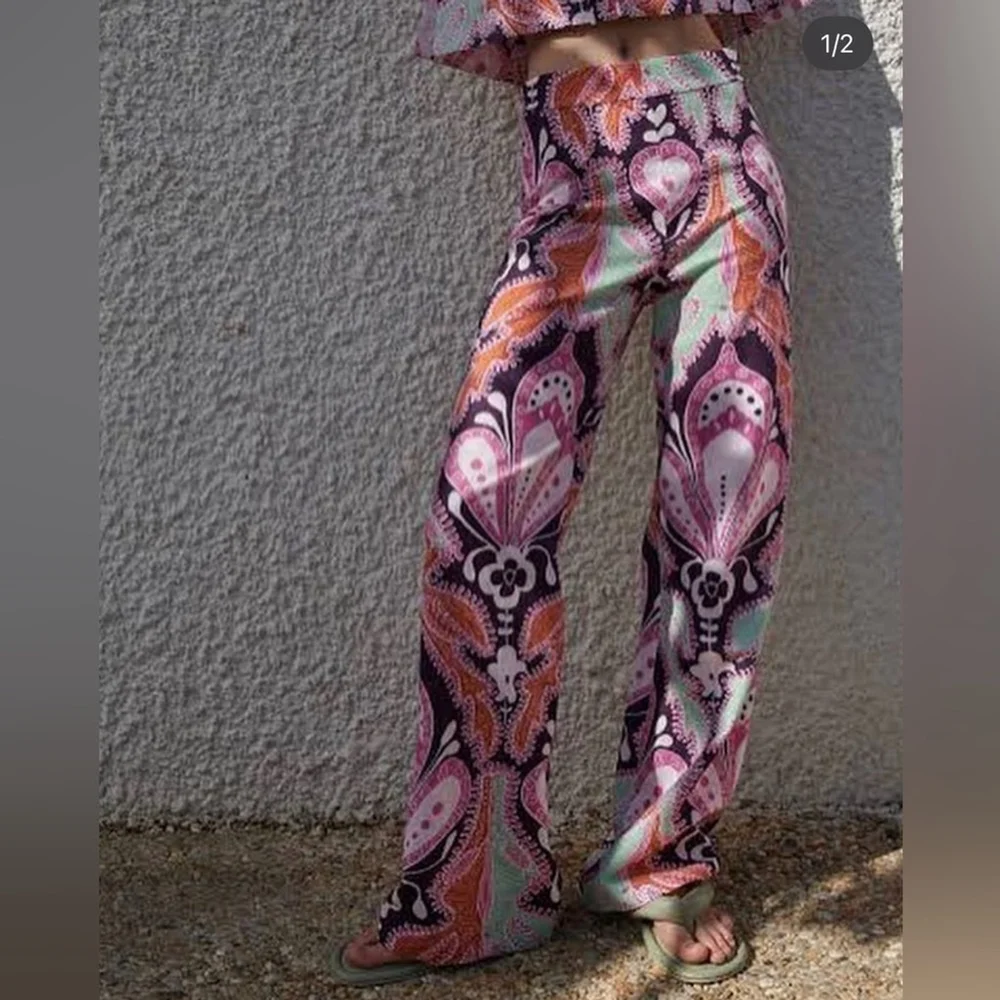 Zara Floral Print Linen Cotton Flare High Waist Trouser pants long tall
